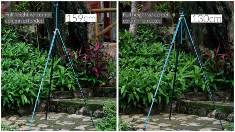 Blue tripod shown at full height with extended center column at 159cm and retracted center column at 130cm.