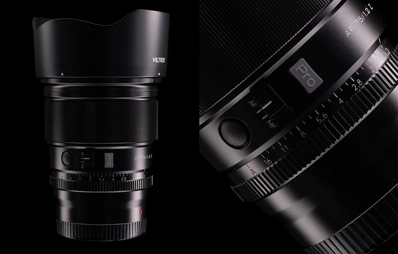 Two camera lenses photographed against a black background, showing front and detailed side views.