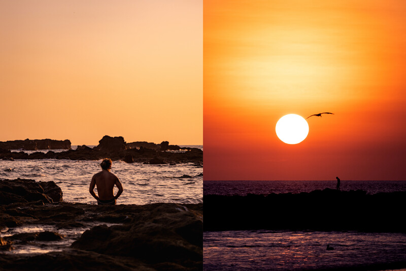 Diptych comparing sunset compositions: silhouetted figure in shallow water on left, large solar disk on horizon on right.