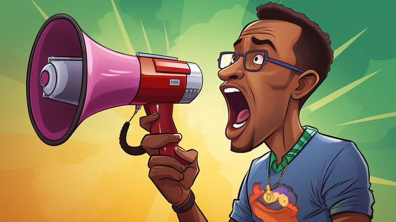 Illustration of a man with glasses enthusiastically shouting into a megaphone against a green and yellow radiating background.