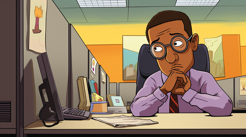Illustration of a man with glasses at a desk looking thoughtfully at his computer monitor.