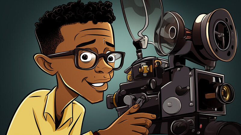 Illustration of a person wearing glasses and yellow shirt holding a professional film camera.