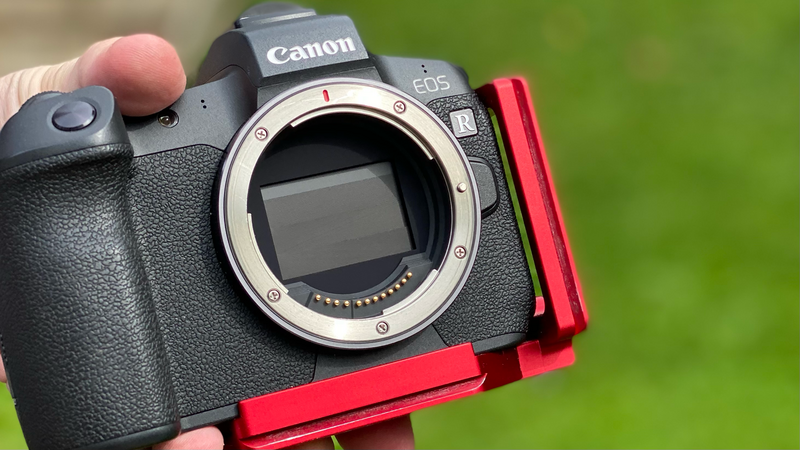 Canon EOS R5 mirrorless camera body with open mount and red L-bracket attached, held in hands against blurred green background.