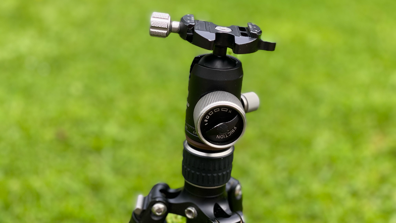 Ball head tripod mount with pan-tilt controls and adjustment knobs against a blurred green background.