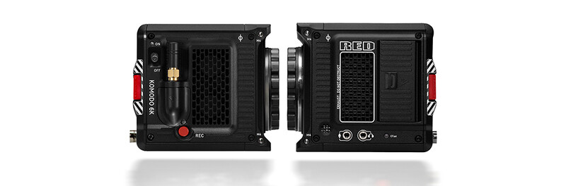Front and rear views of a professional cinema camera body with red accents and ventilation grills.