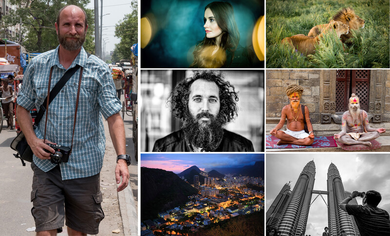 Photographer holding DSLR camera at outdoor event, surrounded by portfolio grid showing portraits, wildlife, architecture, and landscape photography.
