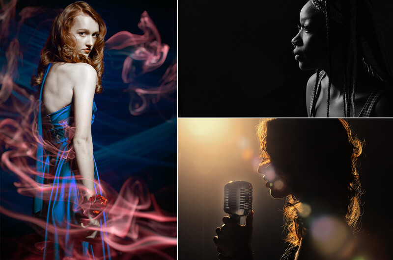 Composite image showing three portrait photography setups with different lighting and styling approaches.