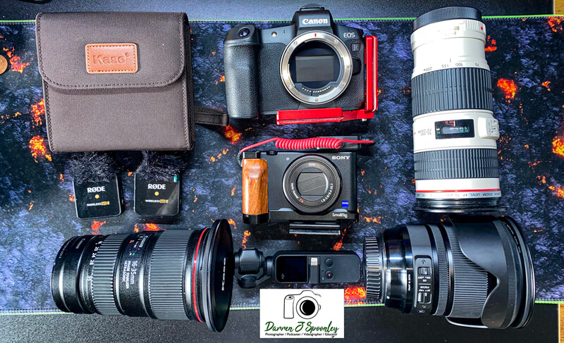 Flat lay of camera equipment including mirrorless camera body, multiple lenses, telephoto zoom lens, camera bag, batteries, and red L-bracket on patterned fabric.