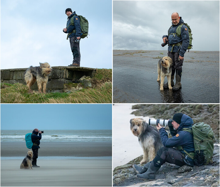 Photographer with dog in four different outdoor landscapes and weather conditions.