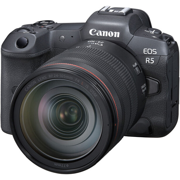 Canon EOS R5 mirrorless camera with attached RF-mount zoom lens against white background.