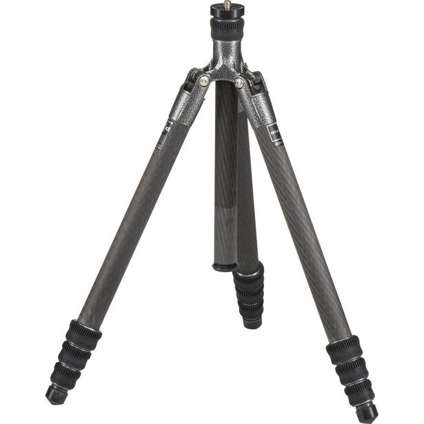 Professional carbon fiber tripod with three extended legs and center column against white background.
