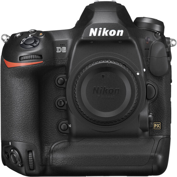 Nikon D6 professional DSLR camera body with battery grip attached, shown from front view against white background.
