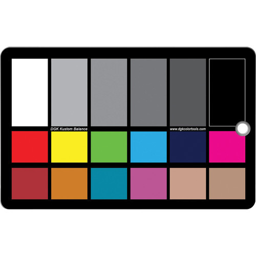 Color reference chart with grayscale, primary, and skin tone swatches for photography and video work.