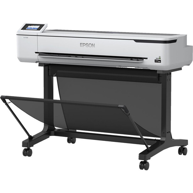 Epson large-format inkjet printer mounted on a wheeled stand with pull-out catch tray.