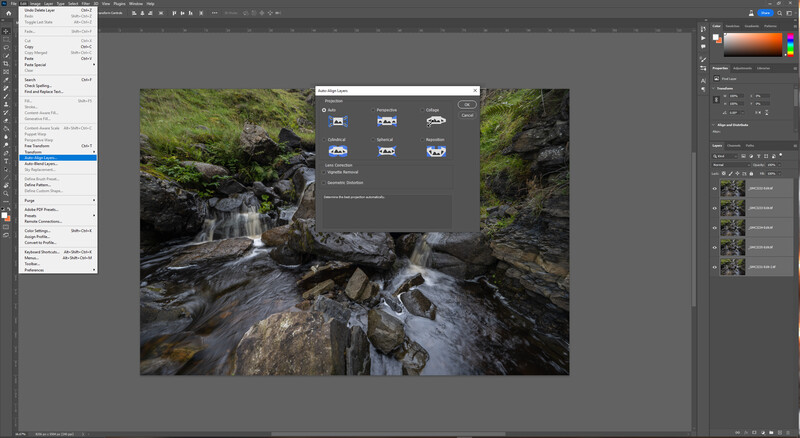 Screenshot of photo editing software with a woodland stream image and adjustment panel open.