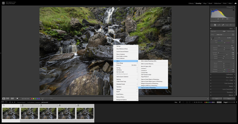 Screenshot of photo editing software showing a cascading forest waterfall with adjustment panels open.