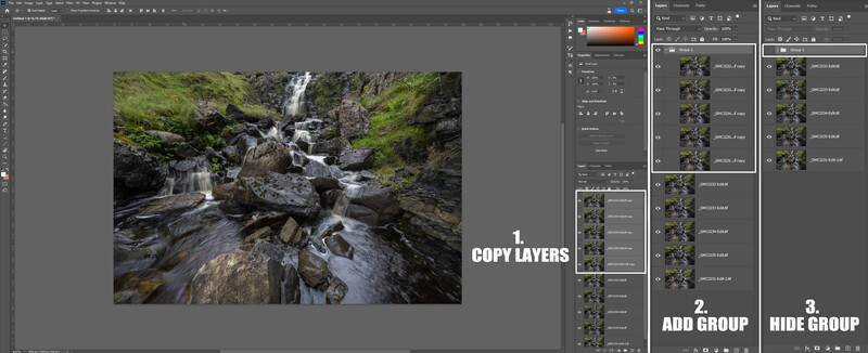 Screenshot of Photoshop interface showing waterfall image with layers panel displaying copy layers, add group, and hide group options.
