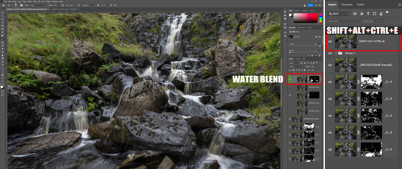 Screenshot of photo editing software showing a cascading waterfall with blended water effect layer.