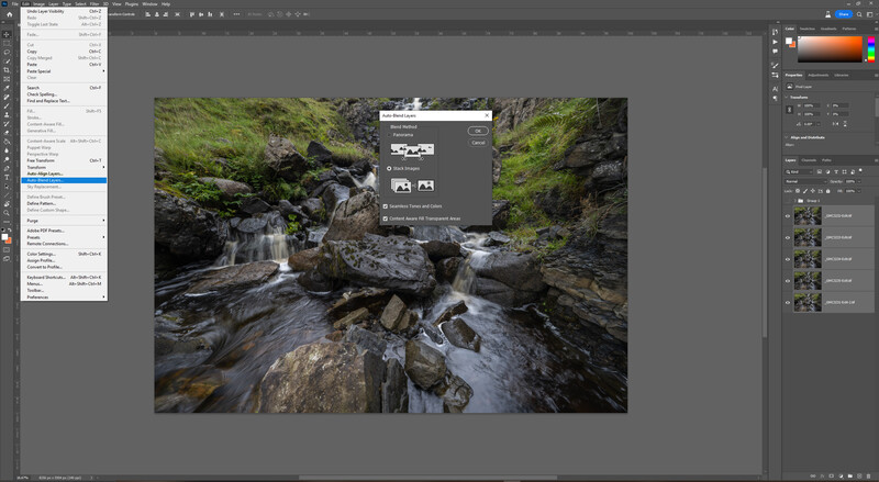 Screenshot of Adobe Lightroom with a landscape photo of a mossy stream with rocks and a waterfall.