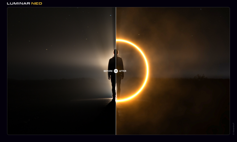 Silhouetted figure suspended between two glowing circular light sources against a dark background.