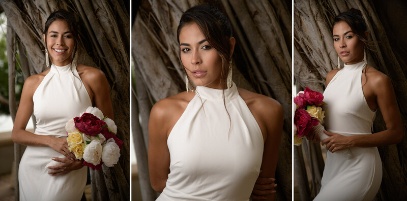 Woman in white halter dress holding bouquet of red and pink roses in three-panel portrait series.