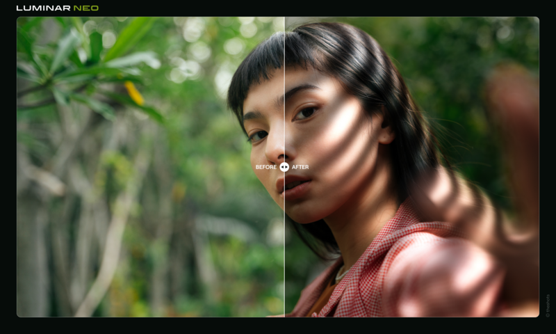 Before-and-after comparison of portrait editing showing a woman outdoors with enhanced skin tones and color grading.