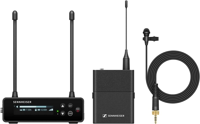 Sennheiser wireless microphone system components displayed against white background.