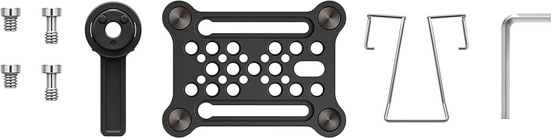 Hardware kit components including screws, mounting plate with adjustment knobs, and metal brackets.