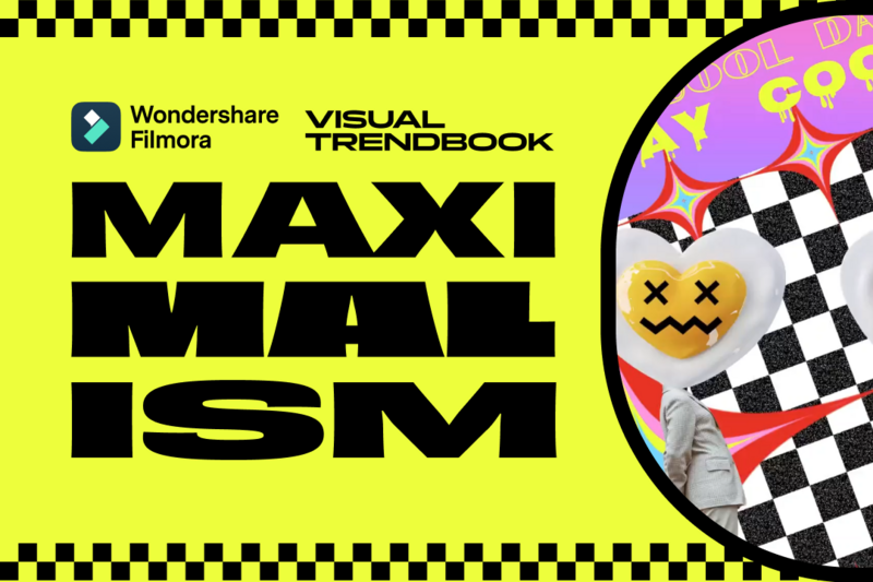 Graphic design for Visual Trendbook Maximalism featuring bold yellow and black checkerboard pattern with vibrant illustrated elements.