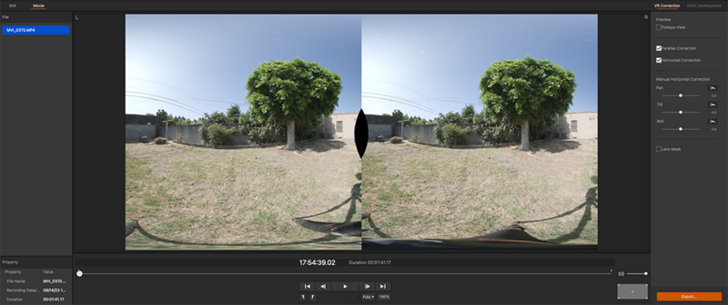 Side-by-side VR comparison showing a figure in a desert courtyard with tree and buildings.