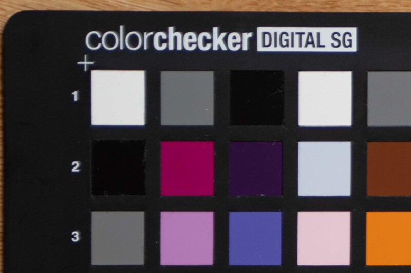 ColorChecker Digital SG color reference chart displaying three rows of color squares for calibration and white balance.