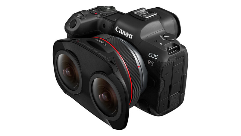 Canon EOS R5 mirrorless camera with dual fisheye lens attachment mounted on top.