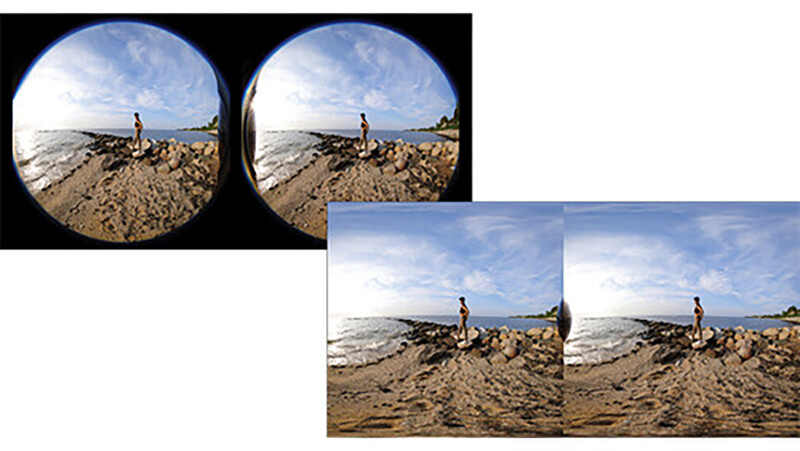 Comparison of fisheye and standard lens perspectives of a person standing on a rocky beach.