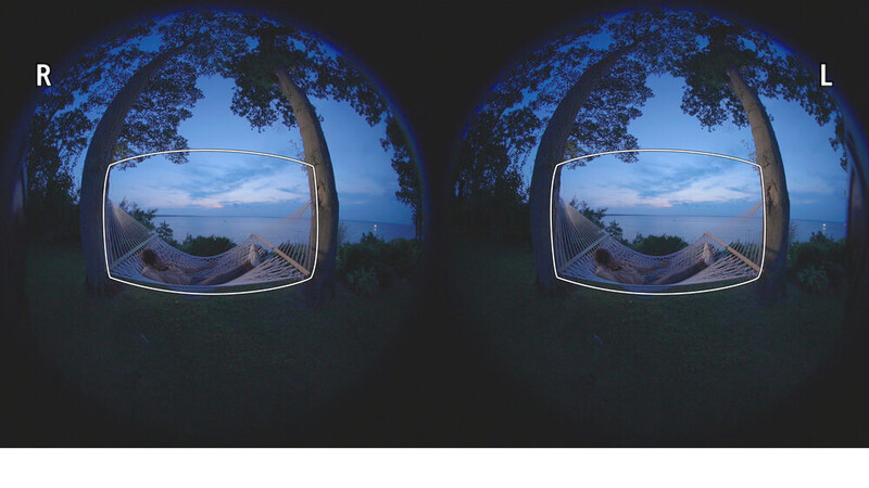 Side-by-side view through progressive lens eyeglasses showing twilight seascape with tree canopy framing.