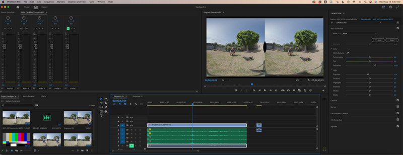 Screenshot of video editing software showing VR footage comparison and color grading interface.