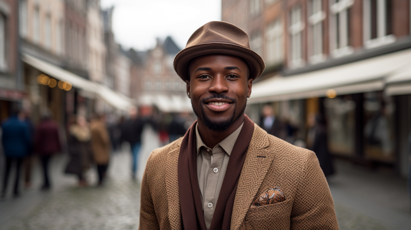 Smiling man in brown fedora and blazer standing in a crowded urban pedestrian street.