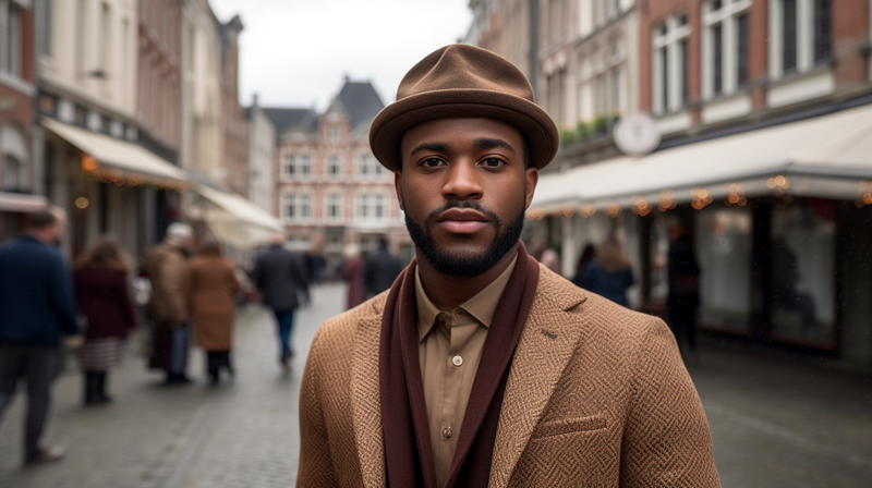 Man in brown fedora and tan blazer poses in a European town square market.