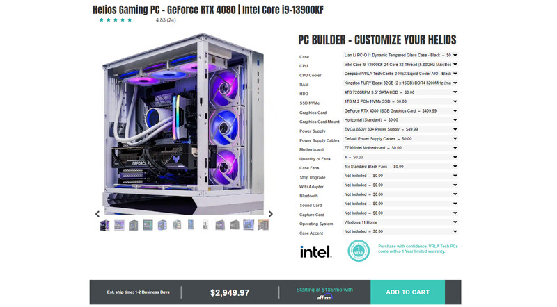 Screenshot of a gaming PC product page showing a white tower case with RGB lighting and customization options.