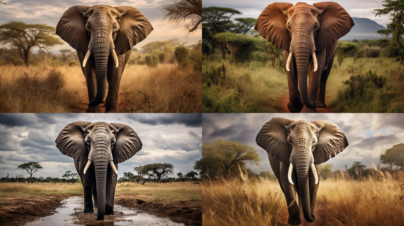 Four variations of an African elephant walking through savanna grassland, showing different lighting and environmental conditions.