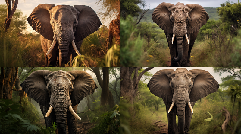 Four elephants photographed in natural savanna settings with varied lighting and vegetation.
