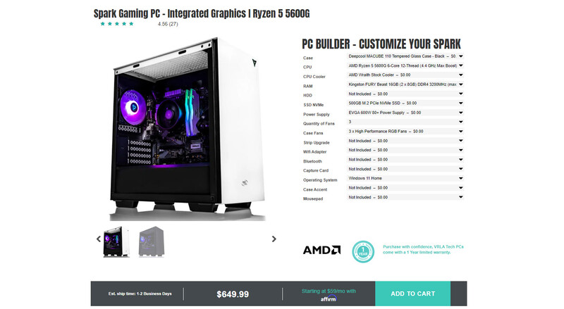 Screenshot of Spark Gaming PC product page with customization options and purple-lit computer case.