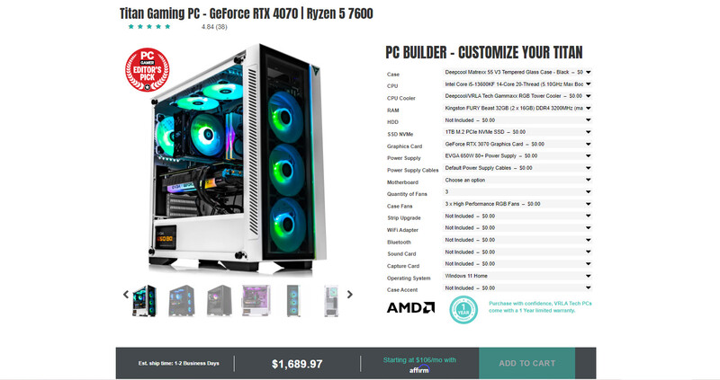 Screenshot of Titan Gaming PC product page showing high-end desktop computer with RGB lighting and customization options.