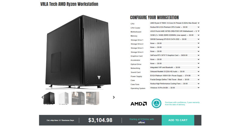 Screenshot of VRLA Tech AMD Ryzen Workstation configuration interface with pricing and customization options.