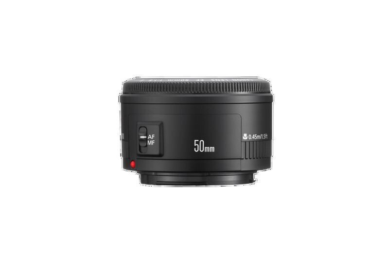 Canon EF 50mm f/1.8 prime lens with autofocus and image stabilization markings on black barrel.