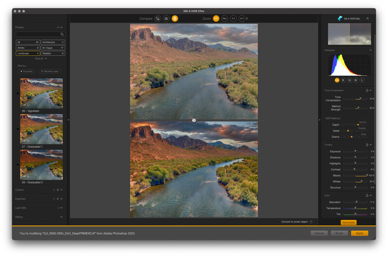 Screenshot of photo editing software showing before-and-after comparison of a river landscape with adjustment panels visible.