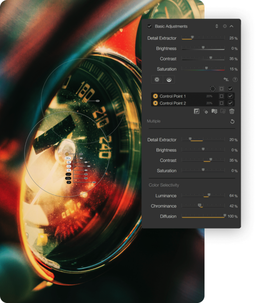 Screenshot of photo editing software with adjustment panels displayed alongside a vibrant circular light trail image.