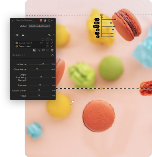 Screenshot of image editing software with adjustment panel open, overlaid on styled flat lay of colorful macarons and cotton candy.
