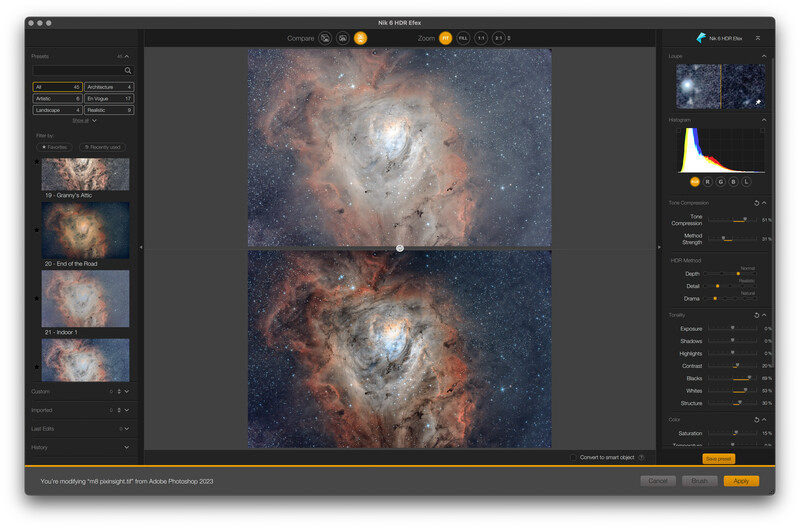 Screenshot of photo editing software displaying two versions of a spiral galaxy image with adjustment panels visible.