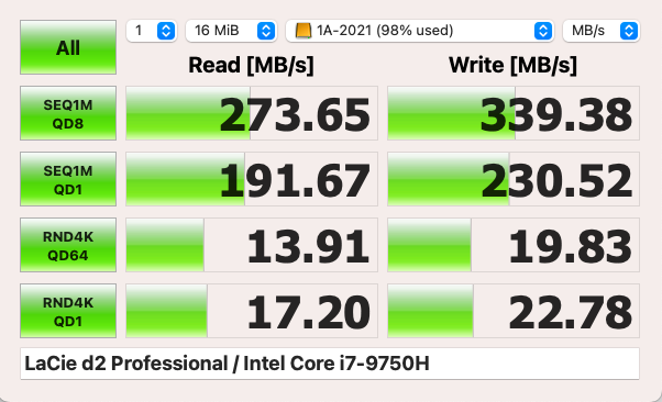 Screenshot of storage performance benchmark results showing sequential and random read/write speeds in MB/s.