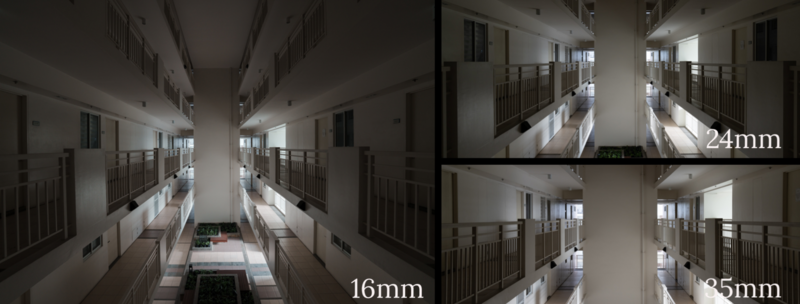 Comparison of focal lengths from 16mm to 35mm showing an apartment hallway corridor with symmetrical architecture and natural light.